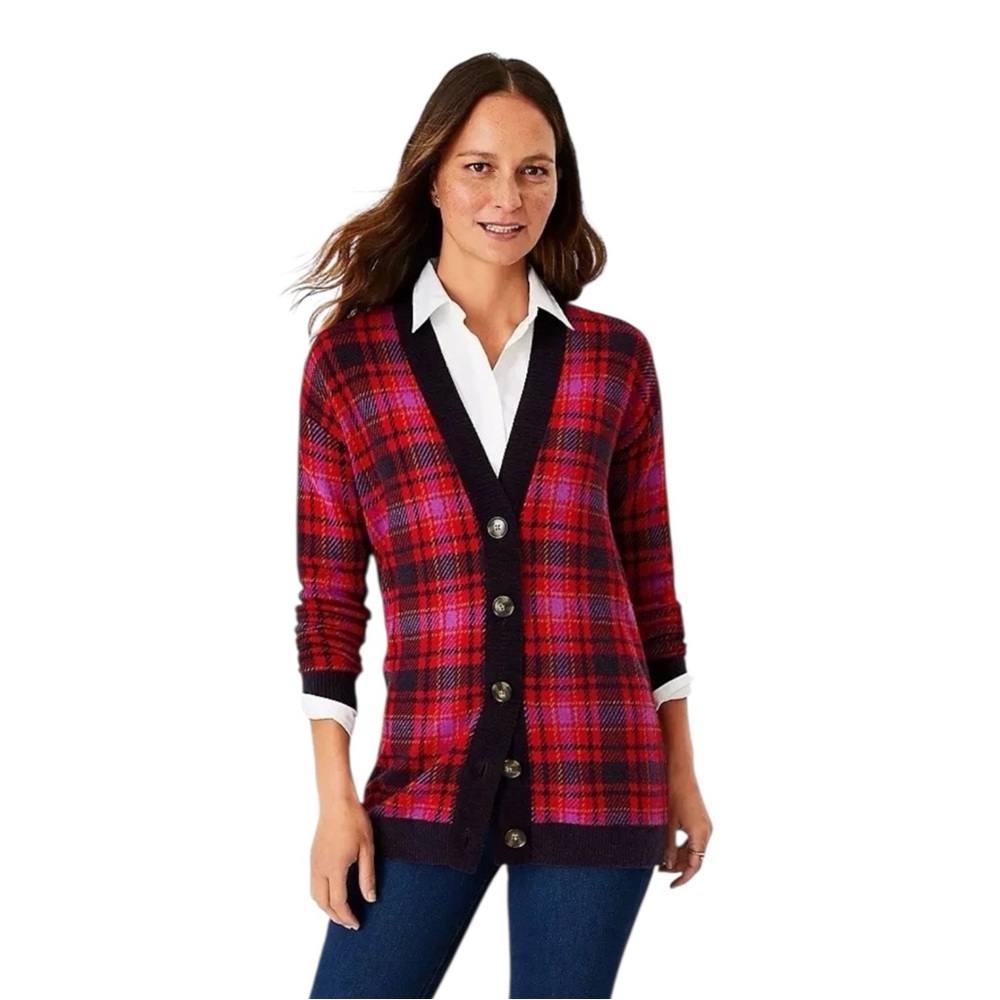 Ann Taylor Red Plaid Longline Boyfriend Cardigan Sweater V-Neck Button Size XS